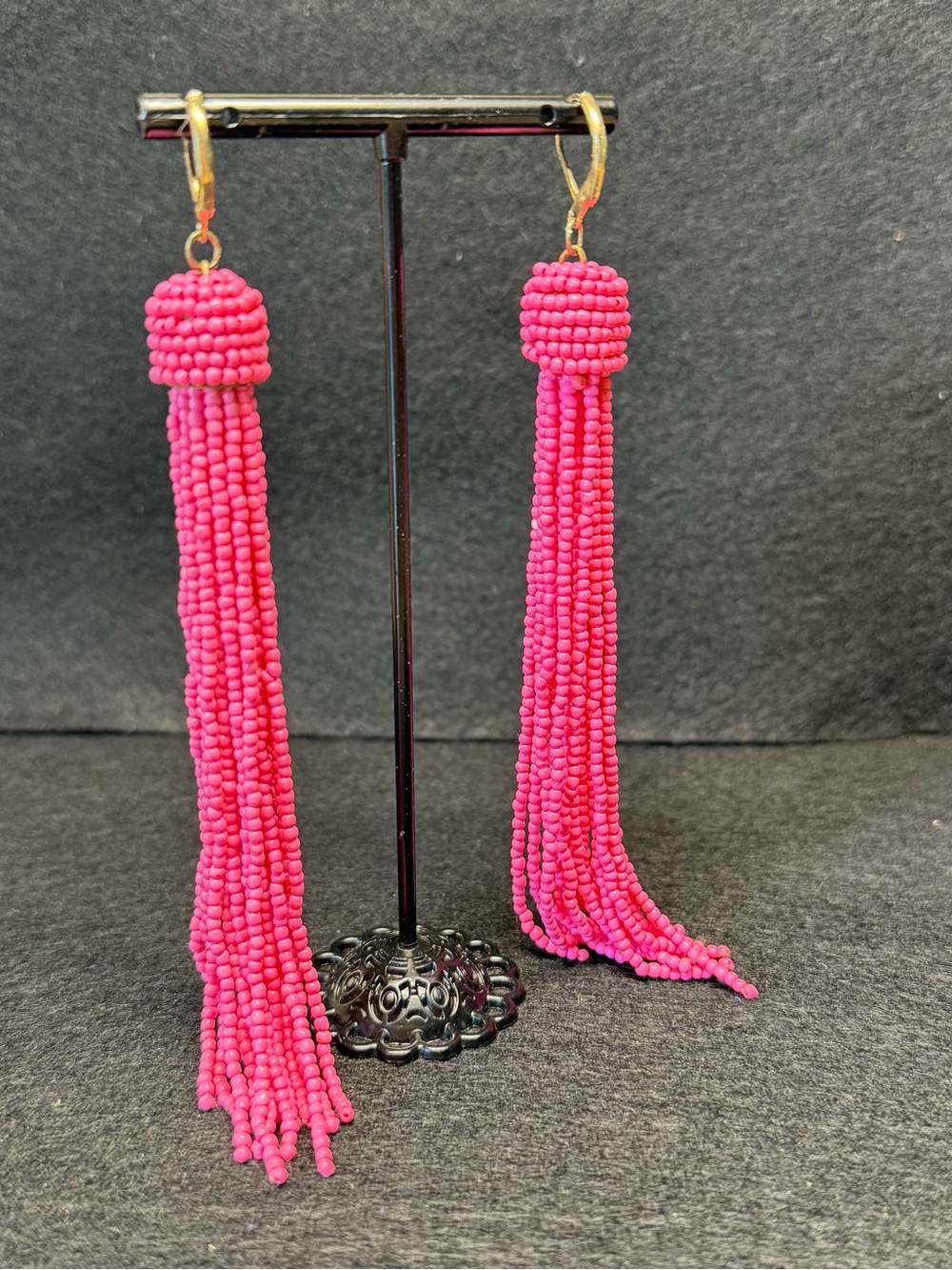 Artisan Made Fuchsia Hot Pink Beaded Tassel Earrings 5” Boho Statement Dangles - Picture 5 of 8